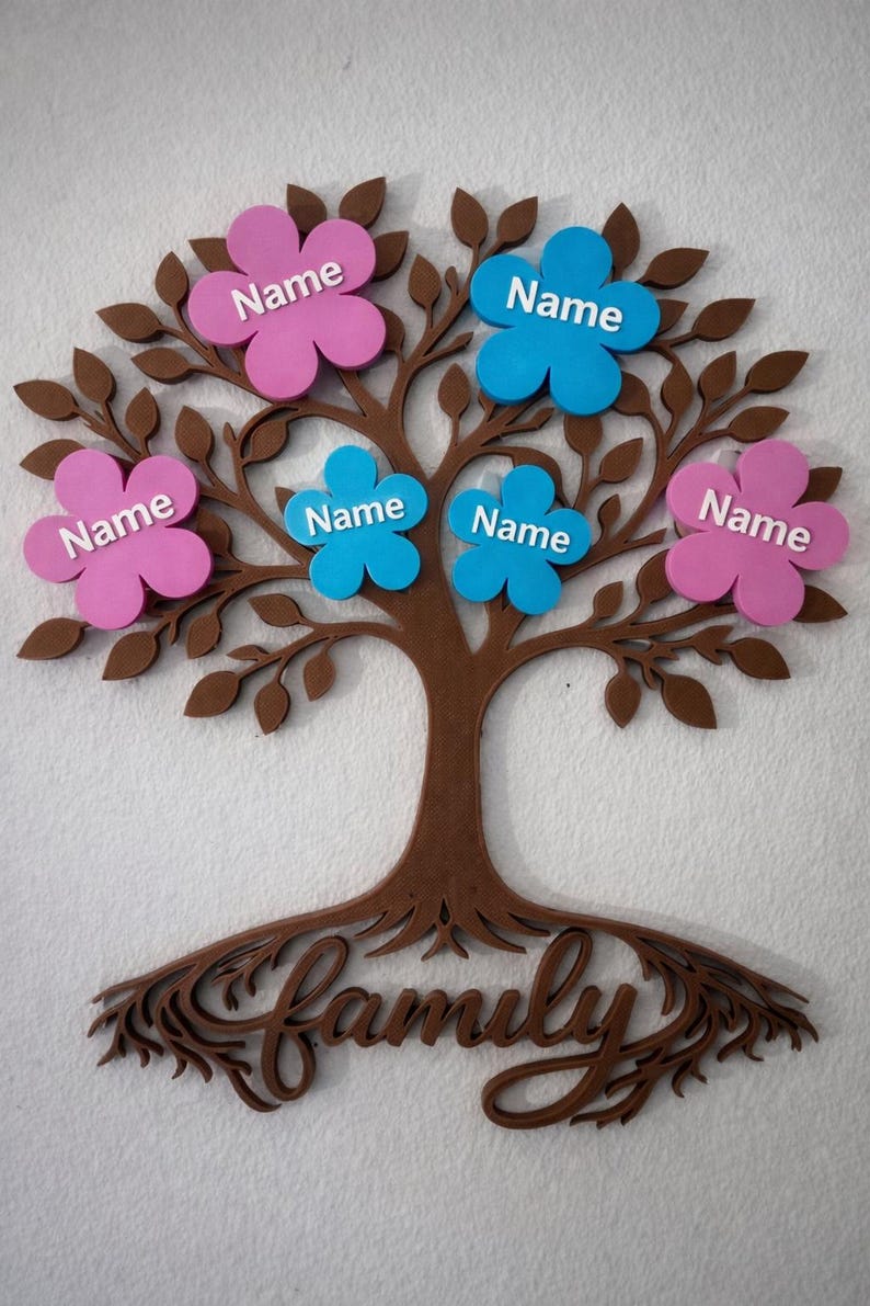 Puede incluir: Decoraci&oacute;n de pared de &aacute;rbol geneal&oacute;gico de madera marr&oacute;n con etiquetas con nombres en forma de flor rosa y azul. La palabra "Family" est&aacute; escrita en cursiva en la base del &aacute;rbol. Cada flor tiene la palabra "Name".