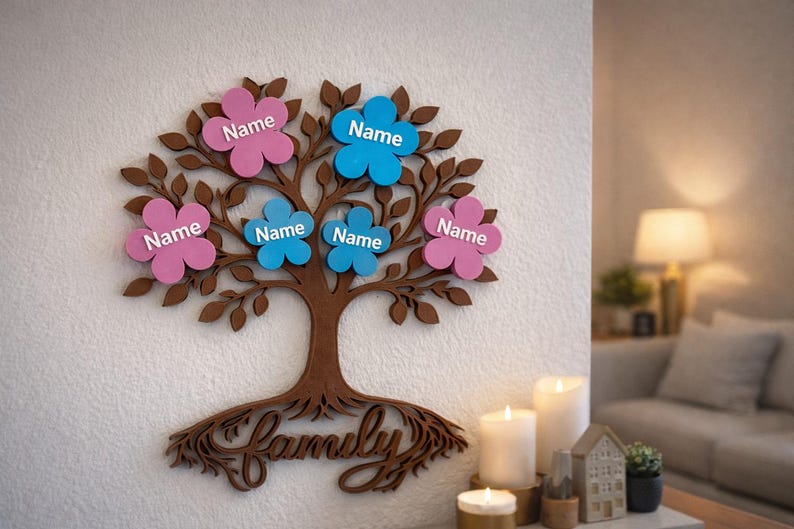 Puede incluir: Decoraci&oacute;n de pared de &aacute;rbol geneal&oacute;gico de madera con tronco y ramas marrones. Etiquetas con nombres en forma de flor rosa y azul unidas a las ramas. La palabra "Family" est&aacute; en la base del &aacute;rbol.