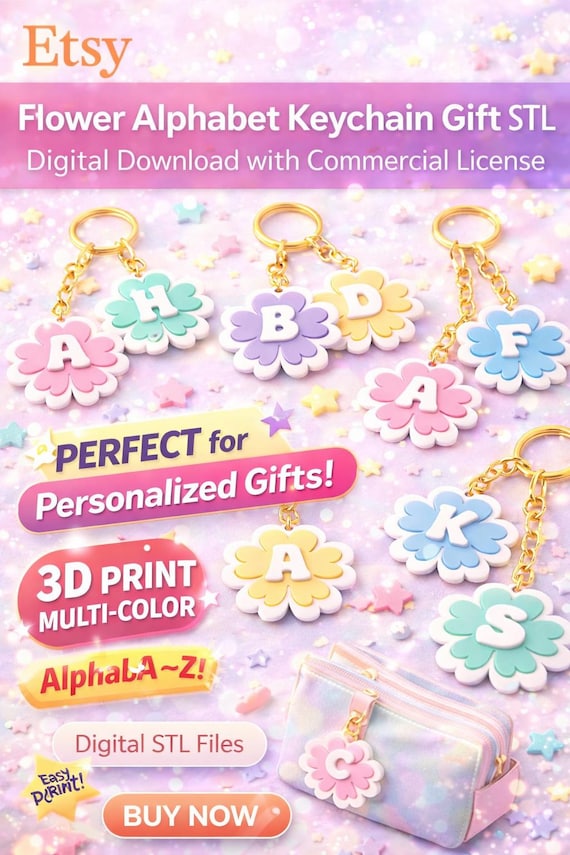 Flower Alphabet Keychain STL Bundle | Personalized gift Print Letters A-Z (Digital Download)