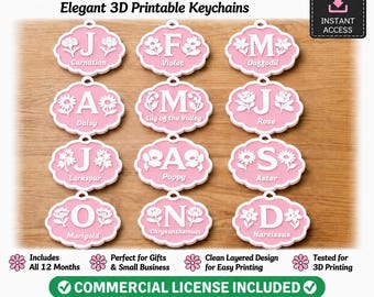 Birth Month Flower Keychain STL Files | Layered Floral Design (Digital Download)