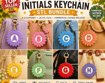 Sunflower Initial Keychain STL Bundle, A-Z Alphabet with Commercial License