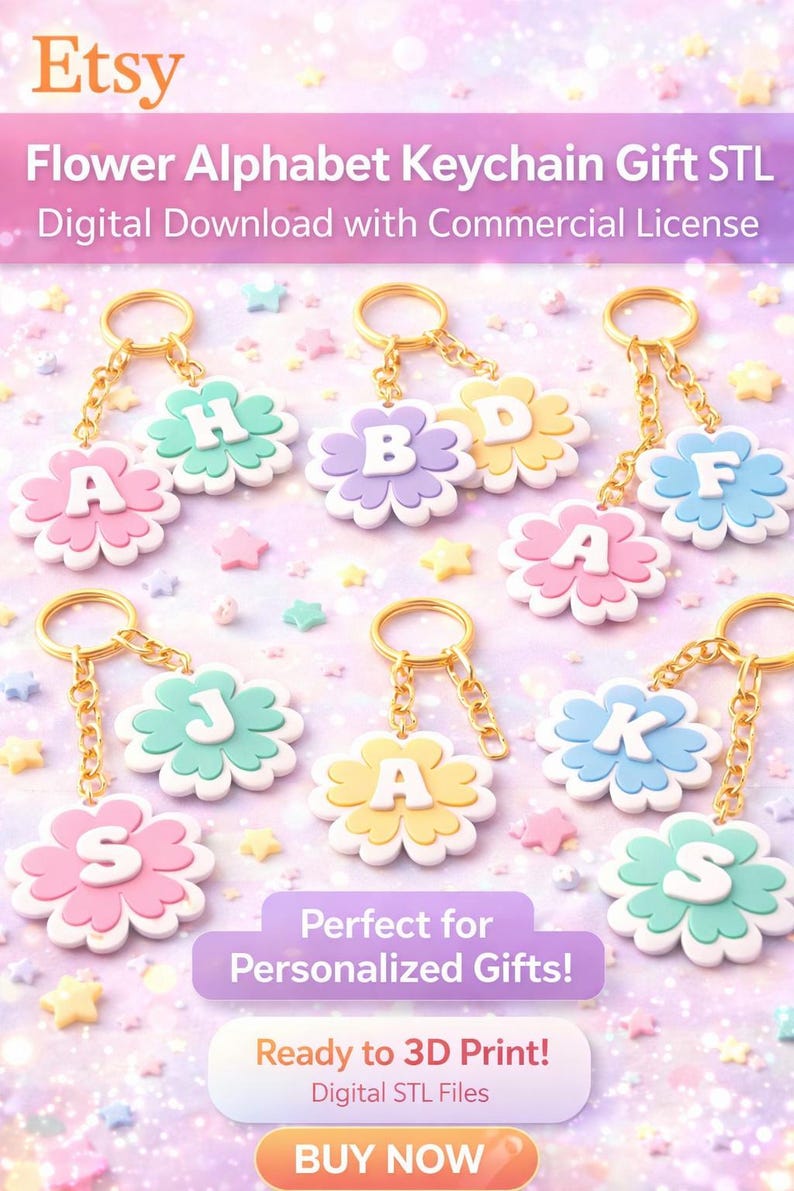 May include: A collection of flower-shaped keychains, each featuring a different letter of the alphabet. The keychains are in various pastel colors with gold-colored chains and rings. The image includes the Etsy logo and text that reads "Flower Alphabet Keychain Gift STL".