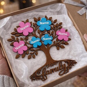 Puede incluir: Un &aacute;rbol geneal&oacute;gico de madera con etiquetas con nombres en forma de flor rosa y azul. El &aacute;rbol es marr&oacute;n y tiene la palabra "Family" en la base. En una caja de regalo marr&oacute;n con una cinta plateada.