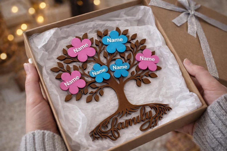 Puede incluir: Un &aacute;rbol geneal&oacute;gico de madera con etiquetas con nombres en forma de flor rosa y azul. El &aacute;rbol es marr&oacute;n y tiene la palabra "Family" en la base. En una caja de regalo marr&oacute;n con una cinta plateada.