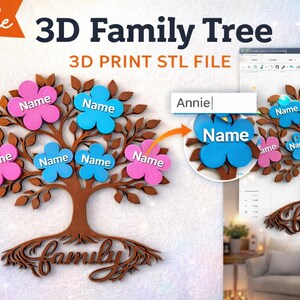 Puede incluir: Un dise&ntilde;o de &aacute;rbol geneal&oacute;gico 3D con tronco y ramas marrones, con etiquetas con nombres en forma de flor rosa y azul. La palabra "Family" est&aacute; escrita en la base. La imagen incluye el texto "Editable 3D Family Tree" y "3D Print STL File".