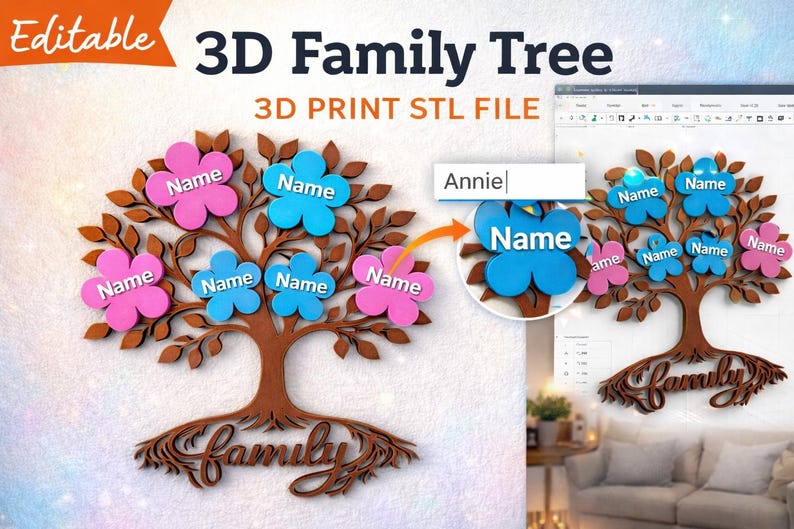 Puede incluir: Un dise&ntilde;o de &aacute;rbol geneal&oacute;gico 3D con tronco y ramas marrones, con etiquetas con nombres en forma de flor rosa y azul. La palabra "Family" est&aacute; escrita en la base. La imagen incluye el texto "Editable 3D Family Tree" y "3D Print STL File".