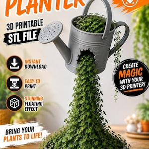 Puede incluir: Un archivo STL imprimible en 3D para una maceta flotante que muestra una regadera suspendida sobre una base circular. El diseño crea la ilusión de vegetación fluyendo desde el pico hacia la base. El texto incluye FLOATING PLANTER, DIGITAL DOWNLOAD, 3D PRINTABLE STL FILE, INSTANT DOWNLOAD, EASY TO PRINT, STUNNING FLOATING EFFECT, BRING YOUR PLANTS TO LIFE, CREATE MAGIC WITH YOUR 3D PRINTER, COMMERCIAL LICENSE INCLUDED, STL y 3MF.