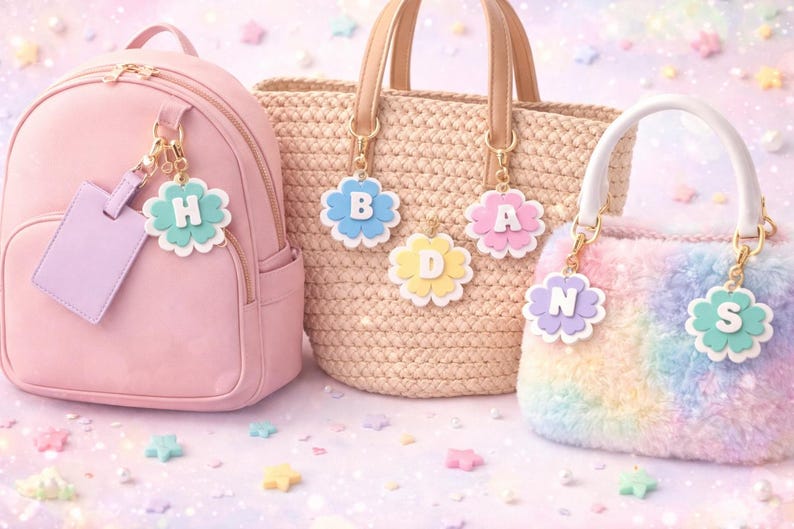 May include: A pink backpack, a woven tote bag, and a fluffy rainbow purse are displayed. Each bag has a flower-shaped charm with a letter on it. The charms are in various pastel colors, and the background is decorated with star-shaped confetti.