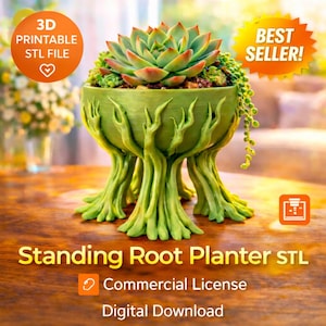Peut inclure: Un pot de fleurs vert en forme de racines, contenant une plante succulente. Le pot a un design unique avec des pieds en forme de racines et une surface texturée. L'image comprend le texte "Standing Root Planter STL" et "Commercial License".