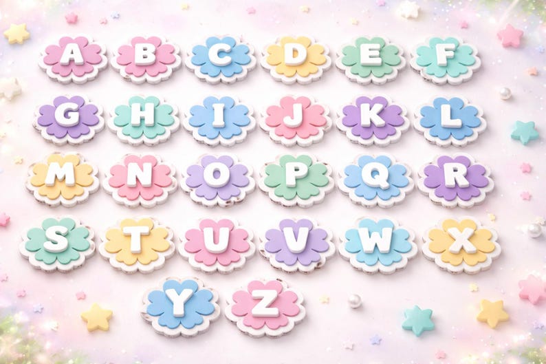 May include: A collection of colorful alphabet letters, each in a different pastel color, arranged in a grid. Each letter is white and set on a flower-shaped base. The background is a soft, blurred pastel with star-shaped decorations.