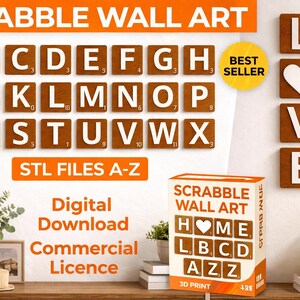 A digital graphic shows a full alphabet of brown Scrabble tiles, with "LOVE" tiles on the right and a box labeled "Scrabble Wall Art" below.