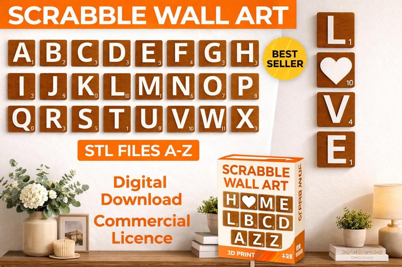A digital graphic shows a full alphabet of brown Scrabble tiles, with "LOVE" tiles on the right and a box labeled "Scrabble Wall Art" below.