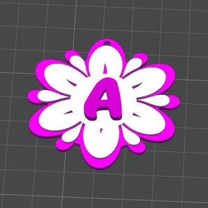 May include: A flower-shaped pendant with a bright pink outline and a white interior. The letter "A" is prominently displayed in the center, also in pink. The pendant has a small hole at the top for hanging.