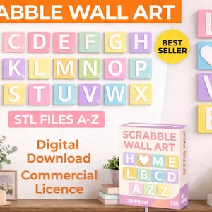 A digital graphic shows a full alphabet of pastel Scrabble tiles, with "LOVE" tiles on the right and a box labeled "Scrabble Wall Art" below.