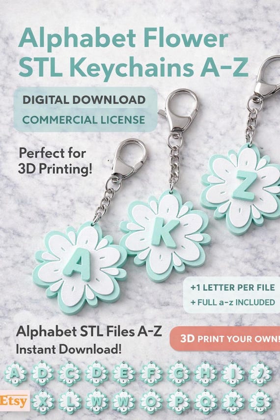Alphabet Flower Keychain STL Files A-Z, 3D Print Charm (Digital Download)