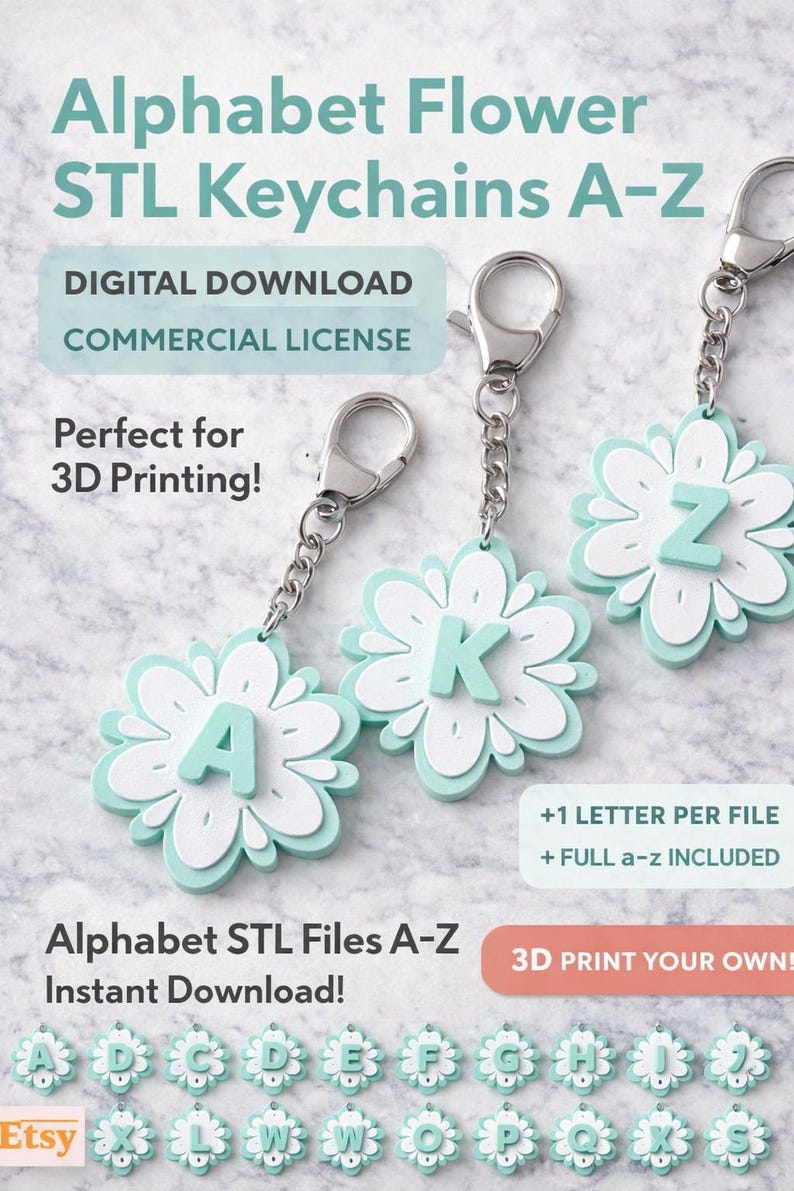 May include: Three flower-shaped keychains with letters A, K, and Z. The keychains are white and light blue, with silver chains and clasps. Text on the image says "Alphabet Flower STL Keychains A-Z" and "Alphabet STL Files A-Z Instant Download!"
