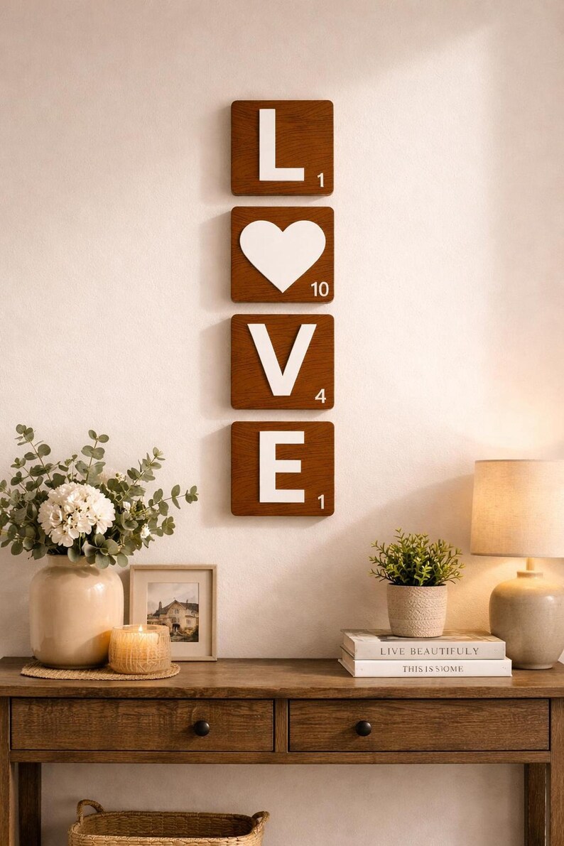 Four brown Scrabble tiles spell "LOVE" vertically on a white wall above a wooden console table with a lamp and other decor.