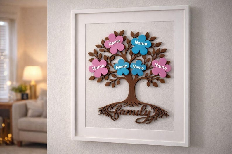 Puede incluir: Una obra de arte de &aacute;rbol geneal&oacute;gico enmarcada. El &aacute;rbol es marr&oacute;n con etiquetas con nombres en forma de flor rosa y azul. La palabra "Family" est&aacute; escrita en cursiva en la base del &aacute;rbol. El marco es blanco.