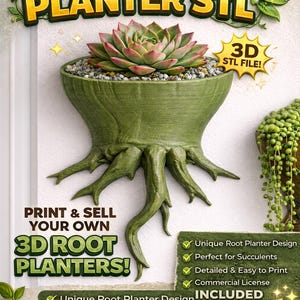 Peut inclure: Un pot mural vert en forme de racine avec une plante succulente. L'image comprend le texte "ROOT WALL PLANTER STL" et "PRINT & SELL YOUR OWN 3D ROOT PLANTERS!". Le pot est conçu pour les plantes succulentes et est disponible en fichier STL 3D.