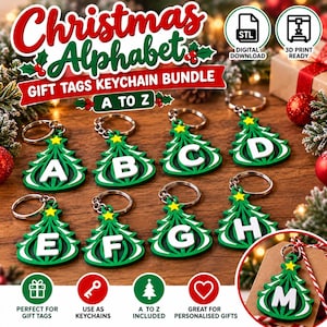 May include: A digital download bundle of 3D print-ready Christmas tree-shaped keychains featuring letters A through Z. Each green tree ornament has a white letter, a yellow star topper, and a metal keyring. The text reads Christmas Alphabet.