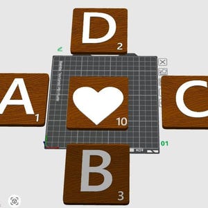 A 3D rendering shows four brown Scrabble tiles with letters A, B, C, D, and a heart tile, arranged in a cross pattern on a grid.