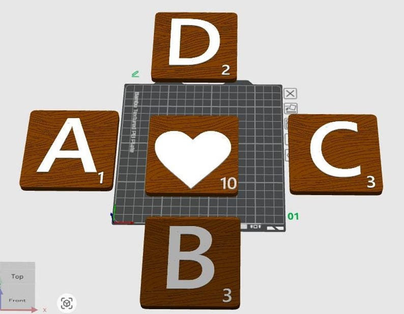 A 3D rendering shows four brown Scrabble tiles with letters A, B, C, D, and a heart tile, arranged in a cross pattern on a grid.