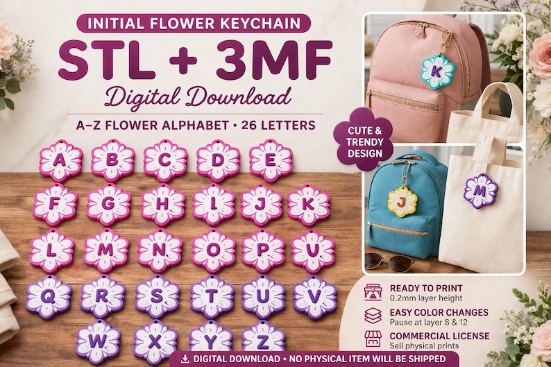 May include: A collection of flower-shaped keychains, each with a letter of the alphabet. The keychains are in pink and purple, with a white center. The image also shows the keychains attached to backpacks and tote bags. Text on the image says "Initial Flower Keychain" and "Digital Download."