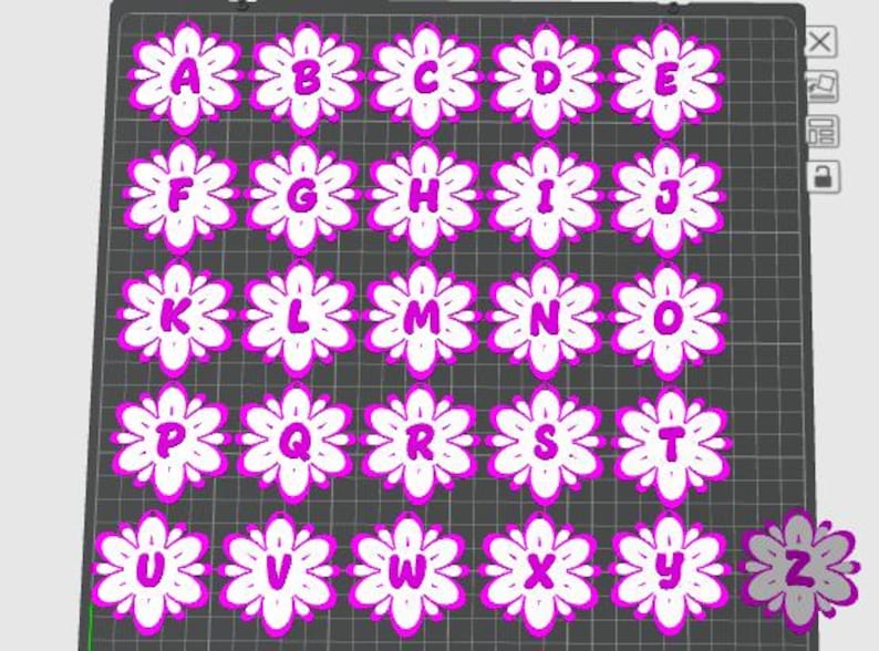 May include: A grid of white flower-shaped designs, each with a letter of the alphabet in the center. The letters are in a bold, sans-serif font and are colored in a bright pink. The flowers have a pink outline.