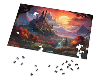 Op de afbeelding: Een puzzel die een fantasielandschap afbeeldt met een groot kasteel in de verte. Het kasteel wordt omringd door bomen en bergen, en de lucht is een levendig oranje en paars. De puzzel is gedeeltelijk in elkaar gezet, met enkele ontbrekende stukjes.