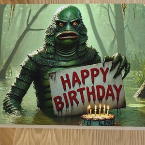 Swamp Monster Birthday Card / Classic Movie Monster Card, Spooky Birthday card