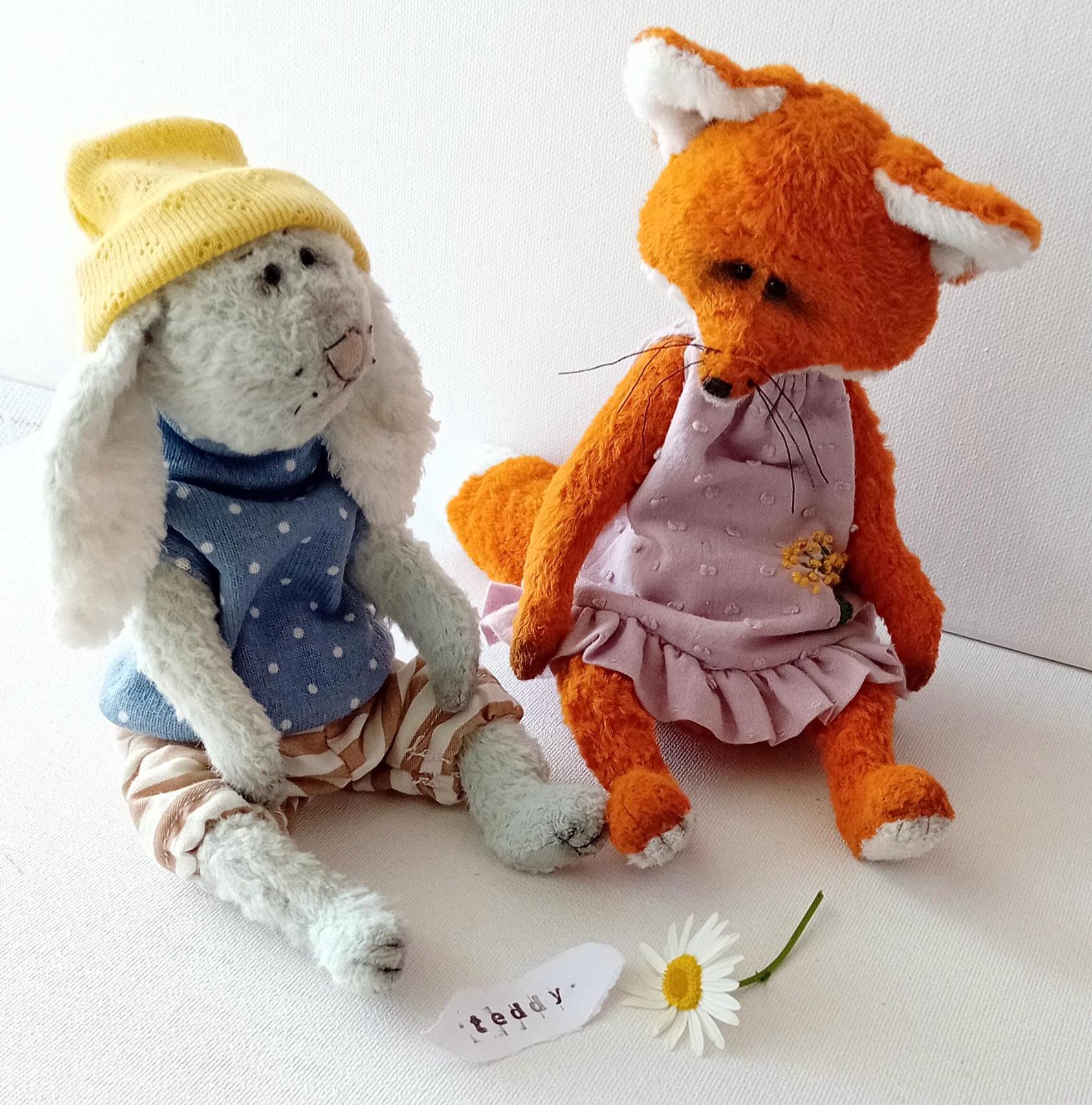 うさぎ　くま　ぬいぐるみ　全部 セット　ハンドメイド　テディベア キツネとウサギのぬいぐるみセット、コレクター向けテディベア、手作り
