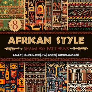 Könnte beinhalten: Ein digitales Kunstbild mit acht nahtlosen Mustern im afrikanischen Stil. Die Muster zeigen geometrische Formen und Stammesdesigns in Erdtönen von Braun, Orange und Schwarz. Der Text "AFRICAN STYLE SEAMLESS PATTERNS" ist zu sehen. Das Bild ist 30.48cm x 30.48cm groß.