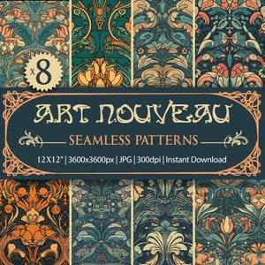 Peut inclure: Présentation numérique de huit motifs Art Nouveau sans couture. Les dessins présentent des motifs floraux et organiques complexes en bleu sarcelle, orange et or. Le texte "ART NOUVEAU SEAMLESS PATTERNS" et les détails du fichier sont inclus.