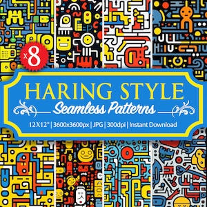 May include: A set of eight 12x12 inch seamless patterns in a Haring style. The patterns are colorful and feature geometric shapes, lines, and abstract figures. The patterns are perfect for use in digital and print projects.