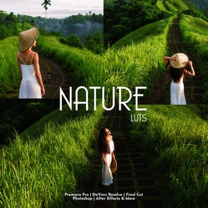 May include: A woman wearing a white dress and a wide-brimmed straw hat walks along a path through a lush green field. The path is made of stone and leads up a hill. The text "NATURE LUTS" is superimposed on the image. Premiere Pro, DaVinci Resolve, Final Cut, Photoshop, After Effects & More are listed below the text.