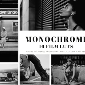 Puede incluir: Un collage de fotos en blanco y negro que muestran una variedad de escenas, incluyendo una mujer de pie en una plataforma de tren, una persona sentada en un sofá y un coche conduciendo por una carretera. El texto "MONOCHROME 16 FILM LUTS" se muestra en negrita, en letras blancas sobre un fondo negro. El texto "ADOBE PREMIERE | PHOTOSHOP | FINAL CUT | DA VINCI RESO" se muestra en letras blancas más pequeñas debajo del texto principal.
