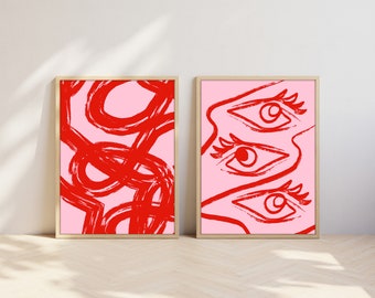 Conjunto de 2 arte abstracto de pared rojo y rosa, impresiones digitales, arte renacentista, diseño floral, exposición de arte, galería de pinturas
