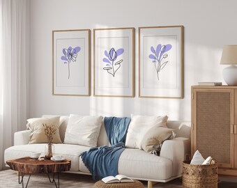 Set of 3 Lilac Flowers Wall Art, Digital Prints, Floral Design, Poster, Art Exhibition, Paintings Gallery,  Living room Wall Art