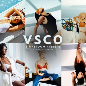 Op de afbeelding: Een collage van afbeeldingen met mensen in verschillende omgevingen. De afbeeldingen zijn bewerkt met een warme, vintage esthetiek. De tekst "VSCO Lightroom Presets Mobile & Desktop" wordt in het midden van de collage weergegeven.