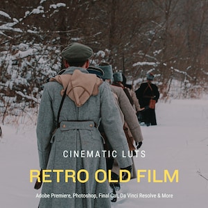 May include: A group of people in military uniforms walk through a snowy forest. The image is captioned "CINEMATIC LUTS RETRO OLD FILM Adobe Premiere, Photoshop, Final Cut, Da Vinci Resolve & More".