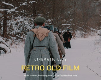 May include: A group of people in military uniforms walk through a snowy forest. The image is captioned "CINEMATIC LUTS RETRO OLD FILM Adobe Premiere, Photoshop, Final Cut, Da Vinci Resolve & More".