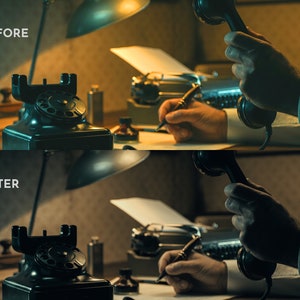 May include: A vintage rotary phone with a black receiver on a desk with a typewriter and a pen. The phone is in the foreground and the typewriter is in the background. The desk is made of wood and has a dark brown finish.