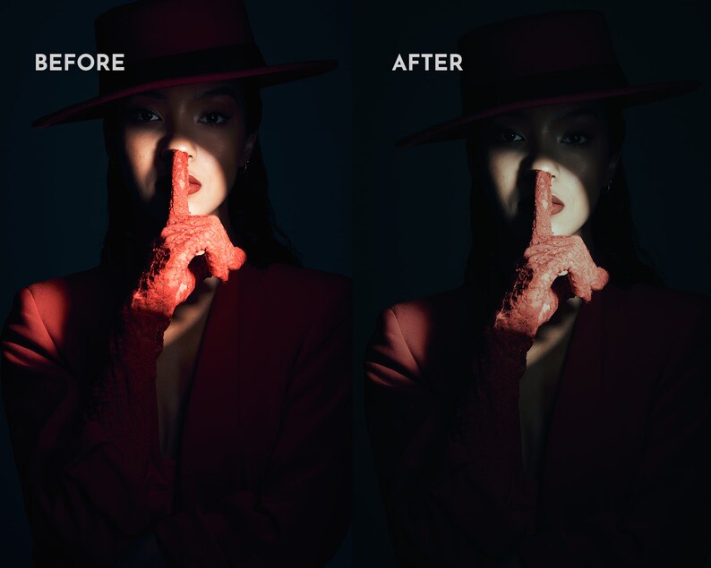 May include: A woman wearing a red hat and a red blazer with a red lace glove covering her hand, holding her finger to her lips as if to say "shhh".