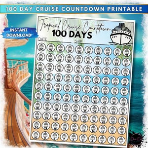 Op de afbeelding: Een printbare 100-daagse aftelkalender voor een tropische cruise. De aftelkalender heeft een cruiseschip-icoon en een strandachtergrond. De dagen zijn genummerd in cirkels met een cruiseschip-icoon in elke cirkel.