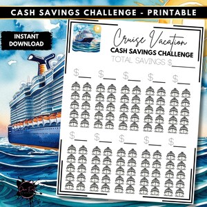 May include: A printable cruise vacation cash savings challenge. The printable features a black and white illustration of a cruise ship. The printable has a section to track total savings and a grid of 50 cruise ship illustrations to color in as you save.