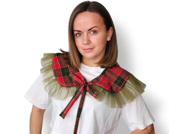 Women's checkered and ruffled removable collar/ Handmade massive red and green detachable collar with ruffles/ Women's unique style detail