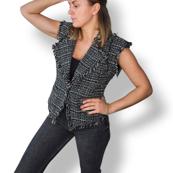 Upcycled women's tweed vest / Black sequined vest/ Tweed vest with sequins/ One of a kind vest