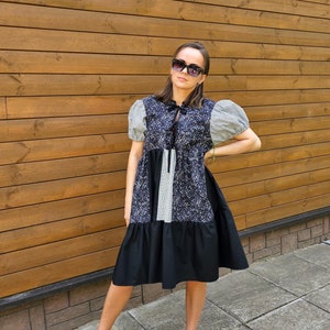 Women's upcycled patchwork dress with puffed sleeves / Handmade cotton ladies oversize dress / One of a kind gray and black dress