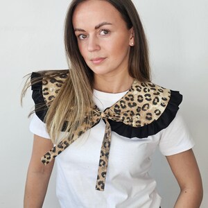 Women's removable leopard print ruffled collar/ Handmade detachable collar with ruffles/ One of a kind cotton brown black frill collar