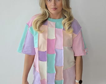 Upcycled patchwork women's t-shirt from knitwear scraps/ Handmade reworked colorful puzzle top/ One of a kind modern zero waste blouse